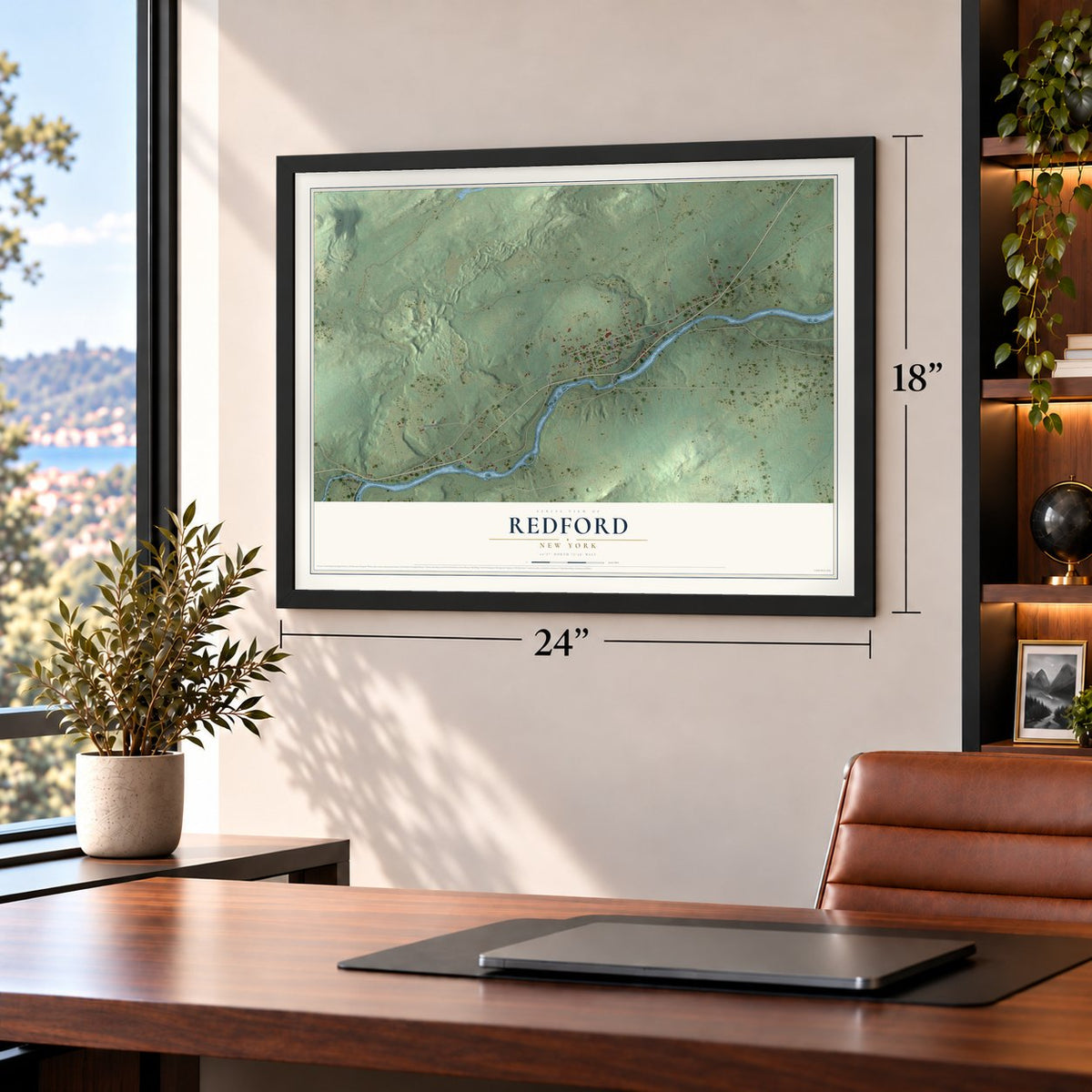 Redford, New York map, 18 x 24 inch print in a black frame in a home office