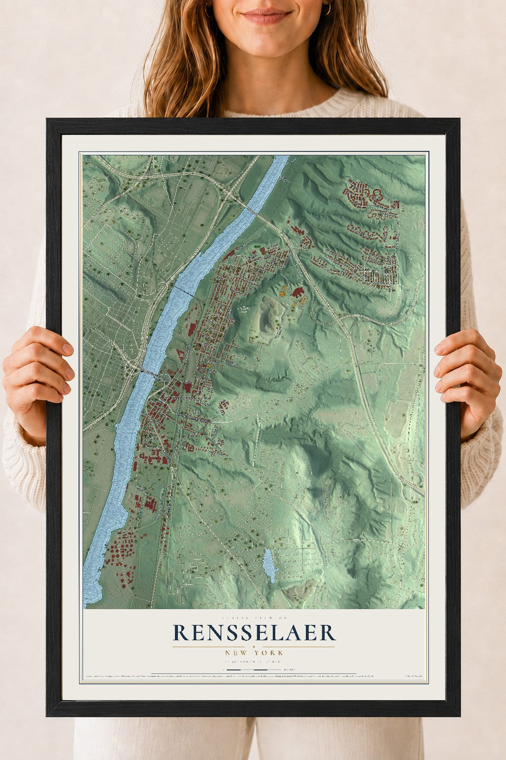 Rensselaer, New York map print, 18" x 24" W/ Black Ayous Wood Frame mockup
