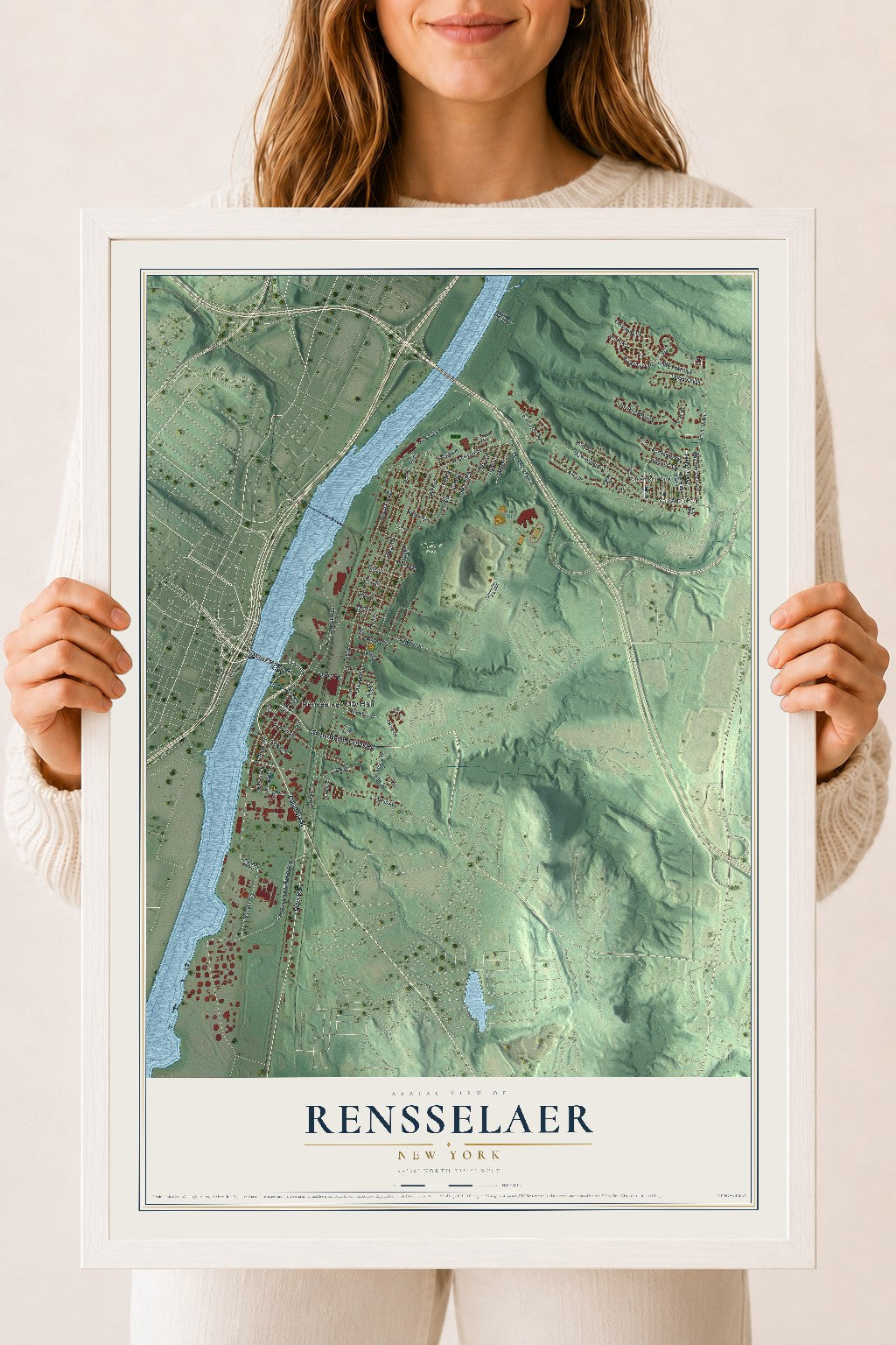Rensselaer, New York map print, 18" x 24" W/ White Ayous Wood Frame mockup