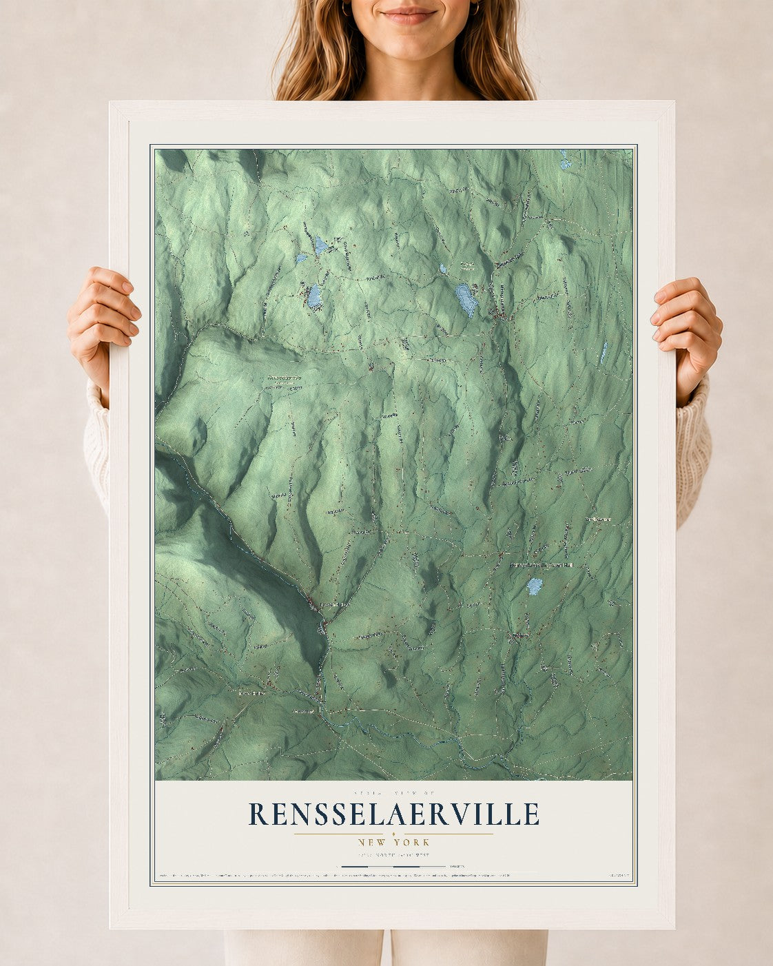 Rensselaerville, New York map print, 24" x 36" W/ White Ayous Wood Frame mockup