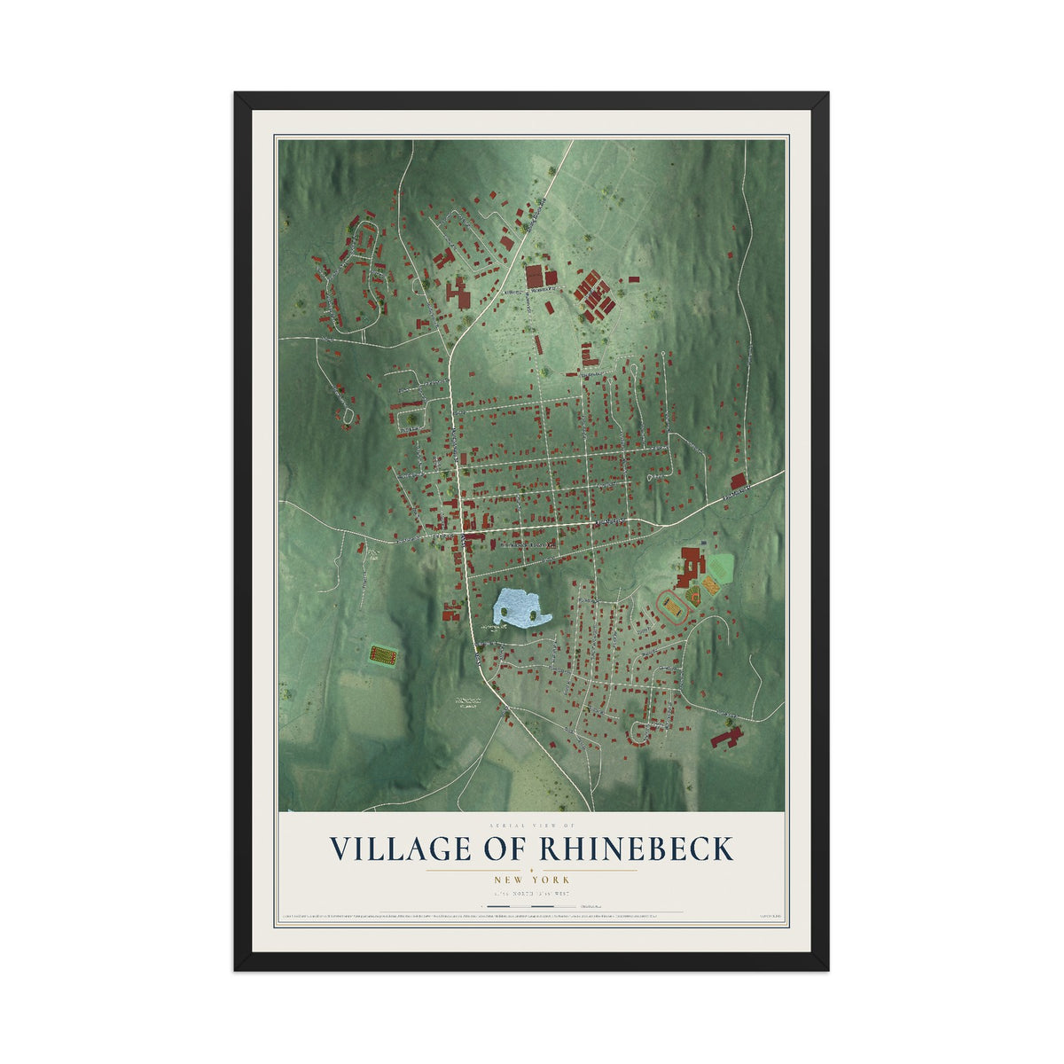 Rhinebeck, New York map print, 12" x 18" W/ Black Ayous Wood Frame mockup
