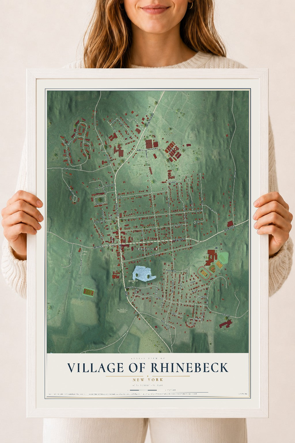Rhinebeck, New York map print, 18" x 24" W/ White Ayous Wood Frame mockup