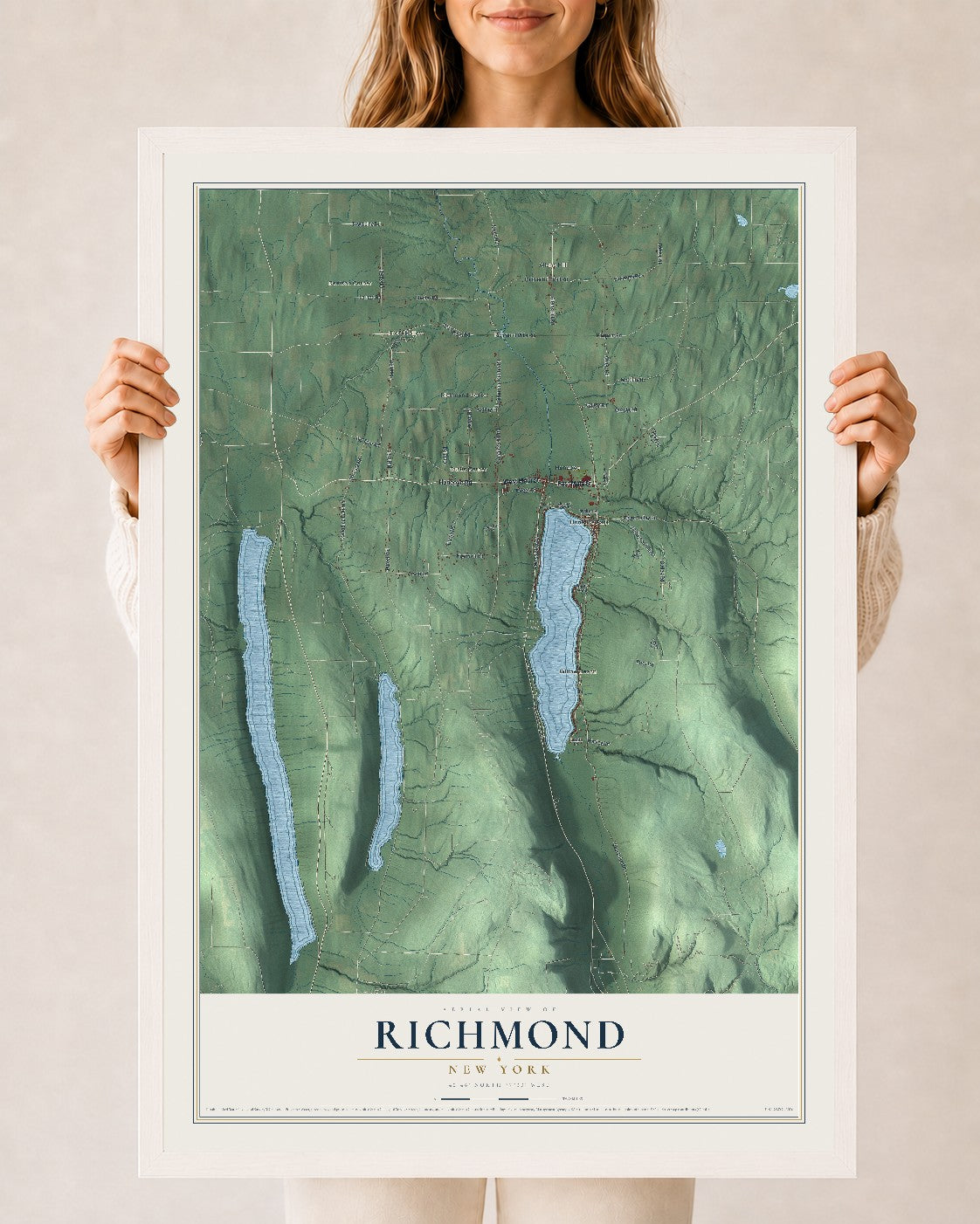 Richmond, New York map print, 24" x 36" W/ White Ayous Wood Frame mockup