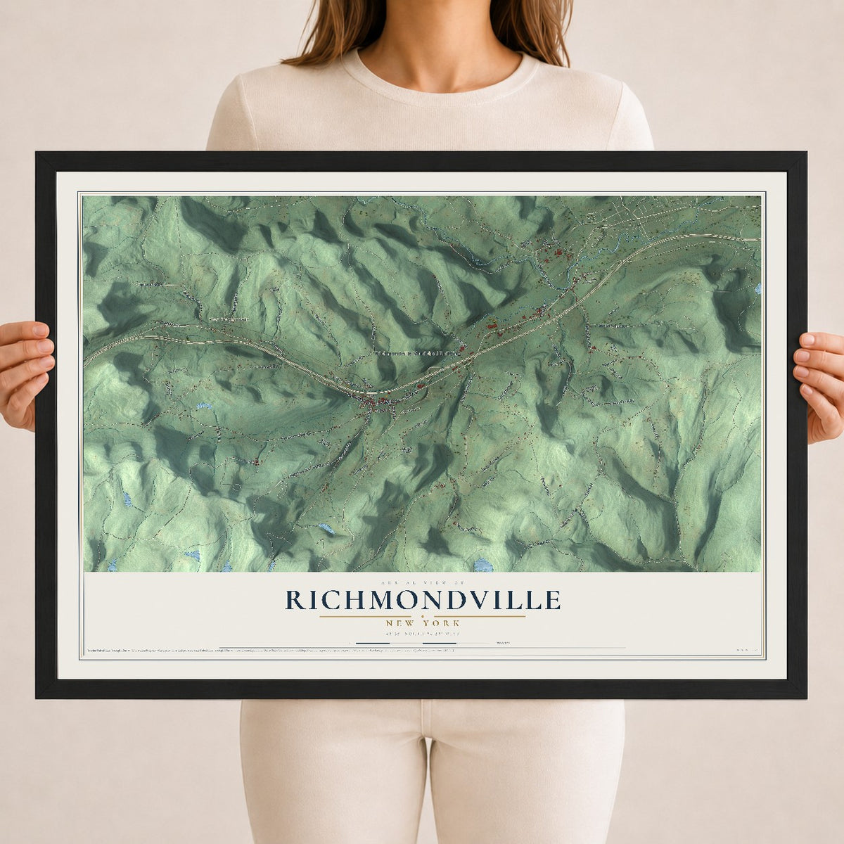 Richmondville, New York map print, 18" x 24" W/ Black Ayous Wood Frame mockup
