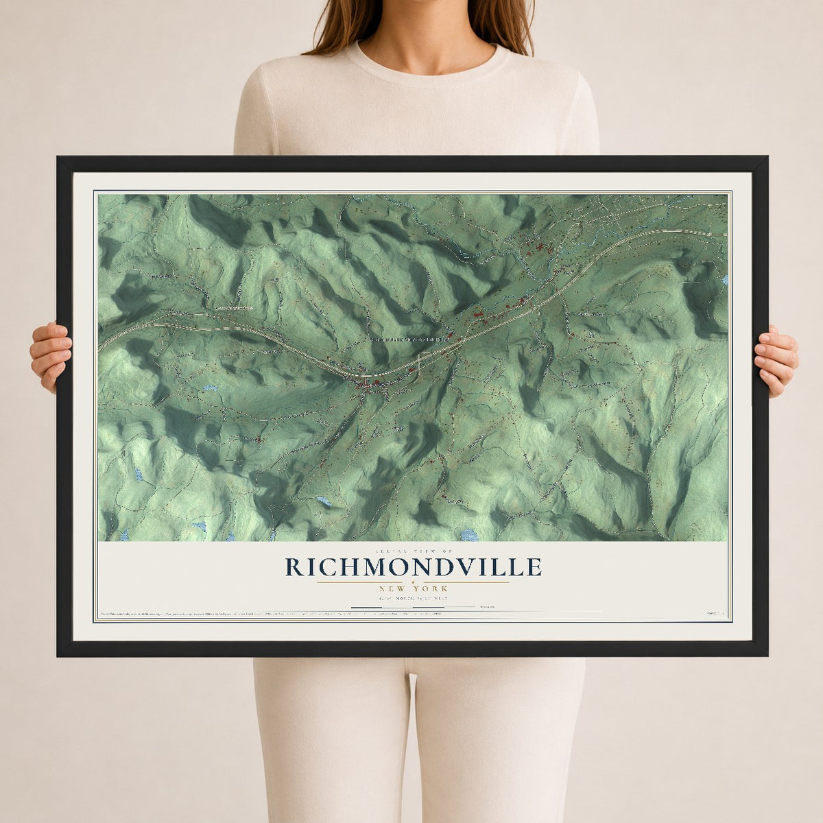 Richmondville, New York map print, 24" x 36" W/ Black Ayous Wood Frame mockup