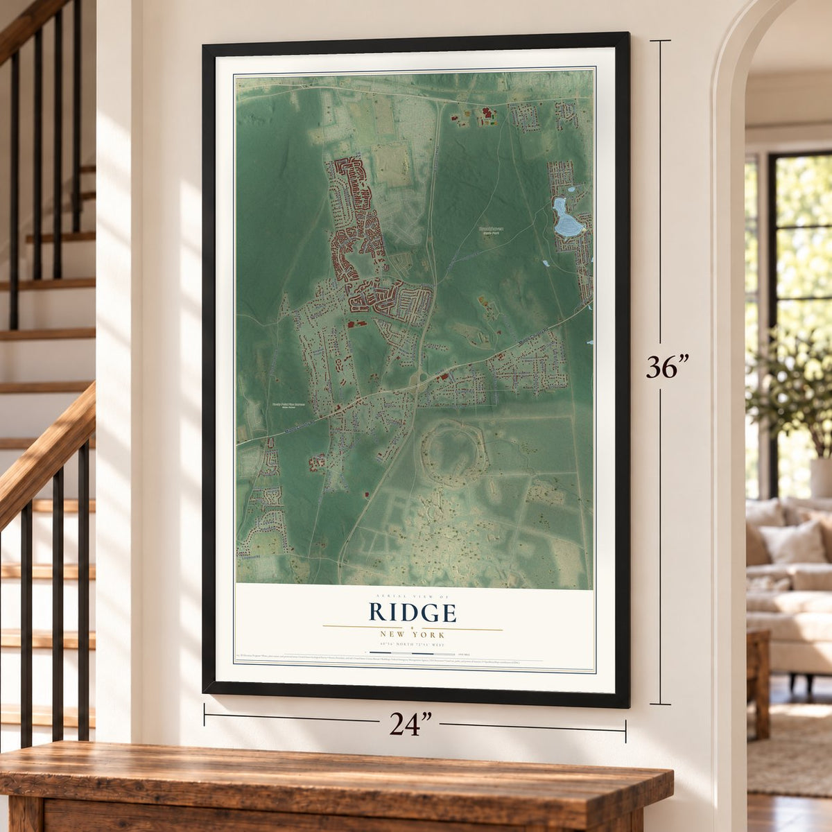 Ridge, New York map, 24 x 36 inch print in a black frame by a staircase