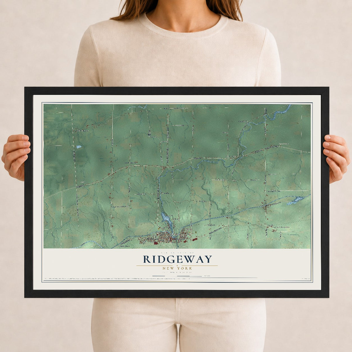 Ridgeway, New York map print, 12" x 18" W/ Black Ayous Wood Frame mockup