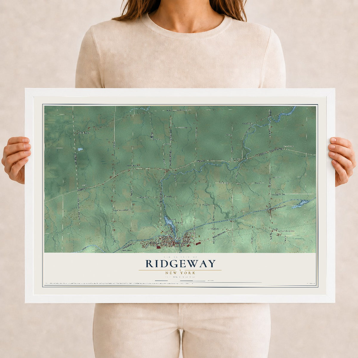 Ridgeway, New York map print, 12" x 18" W/ White Ayous Wood Frame mockup