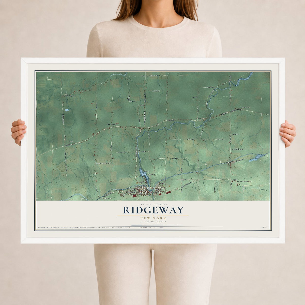 Ridgeway, New York map print, 24" x 36" W/ White Ayous Wood Frame mockup