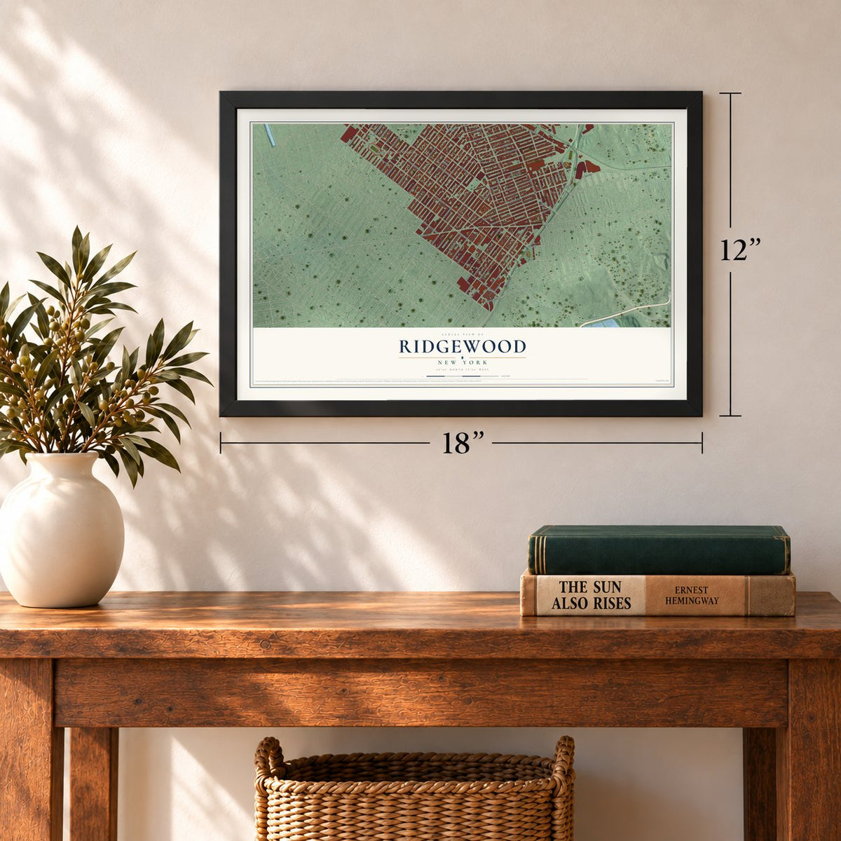 Ridgewood, New York map, 12 x 18 inch print in a black frame in an entryway