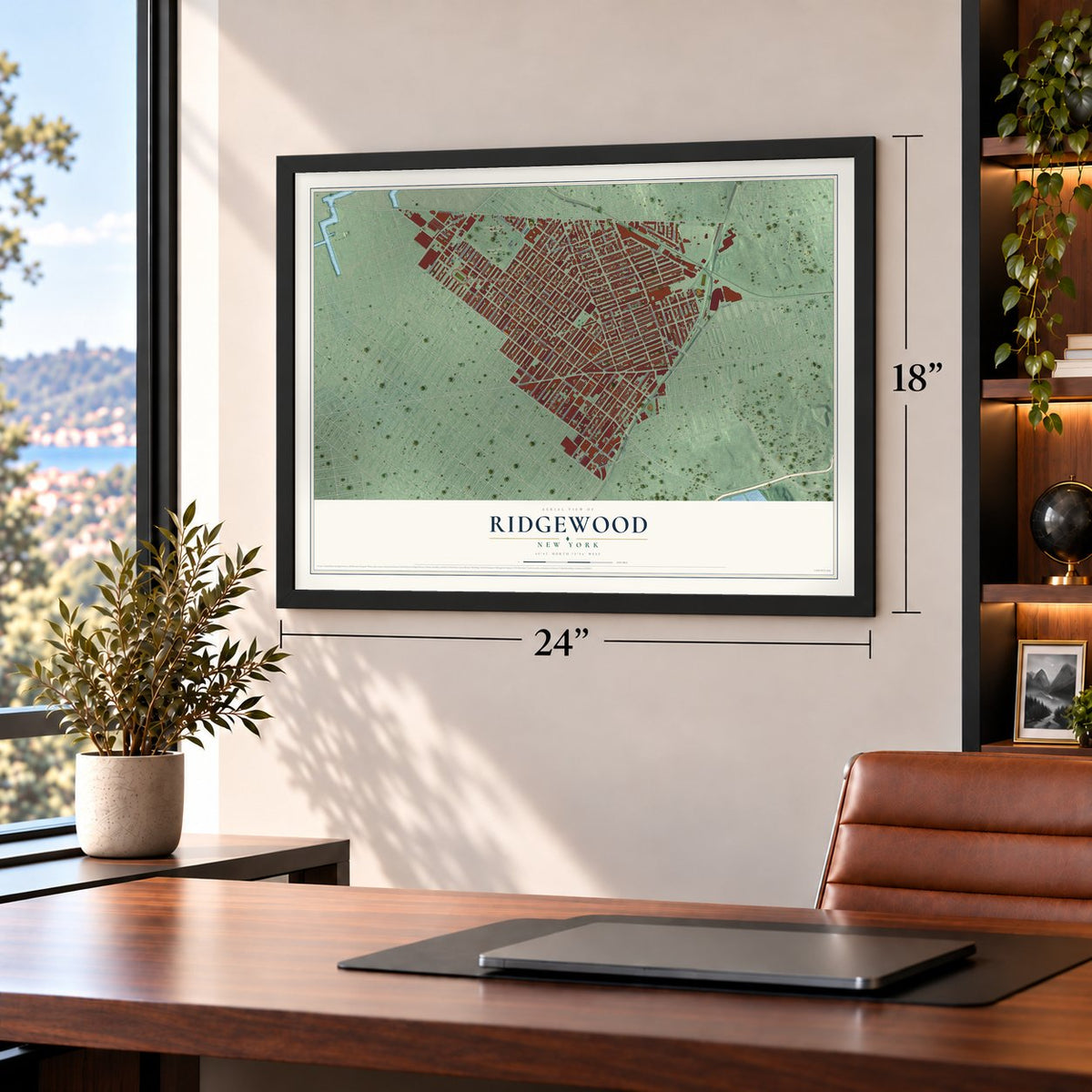Ridgewood, New York map, 18 x 24 inch print in a black frame in a home office