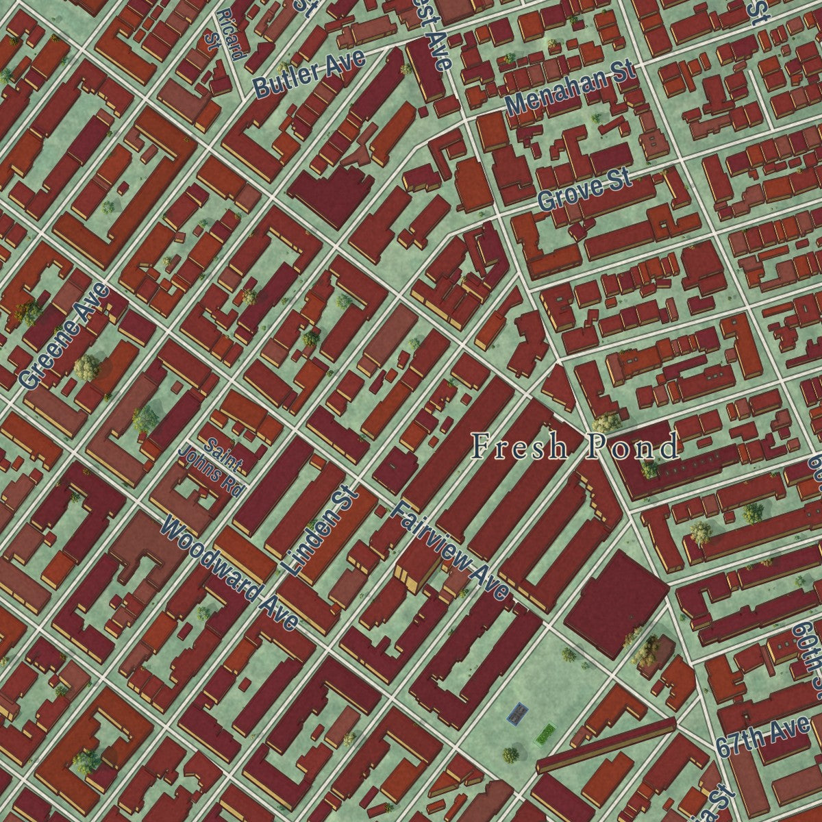 Close-up of the map of Ridgewood, New York print showing street and building detail