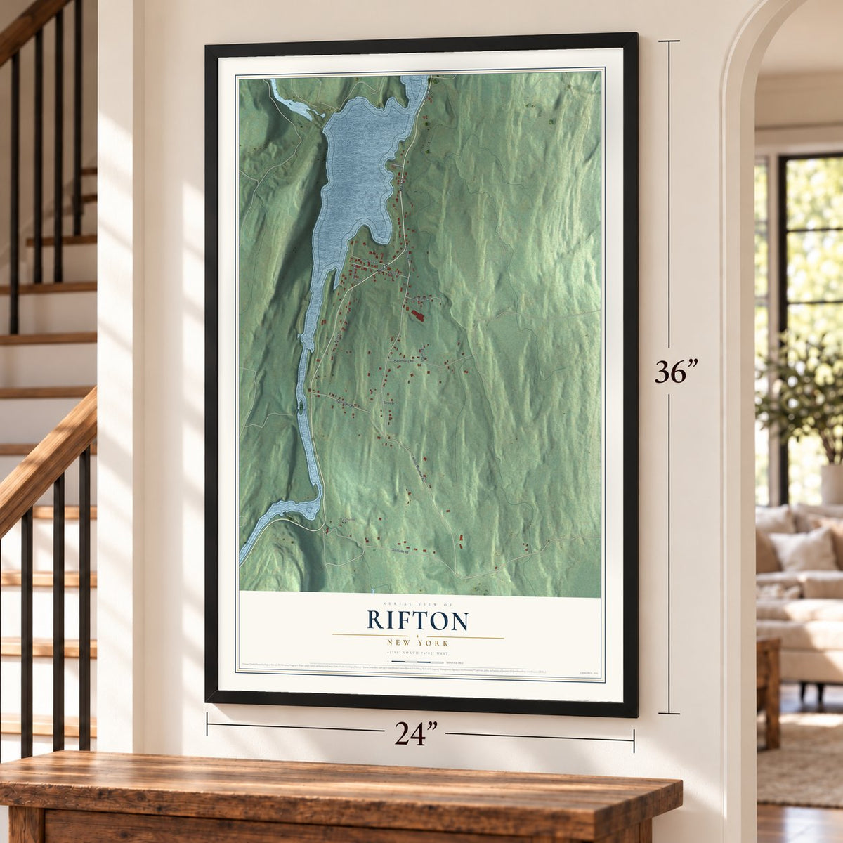 Rifton, New York map, 24 x 36 inch print in a black frame by a staircase