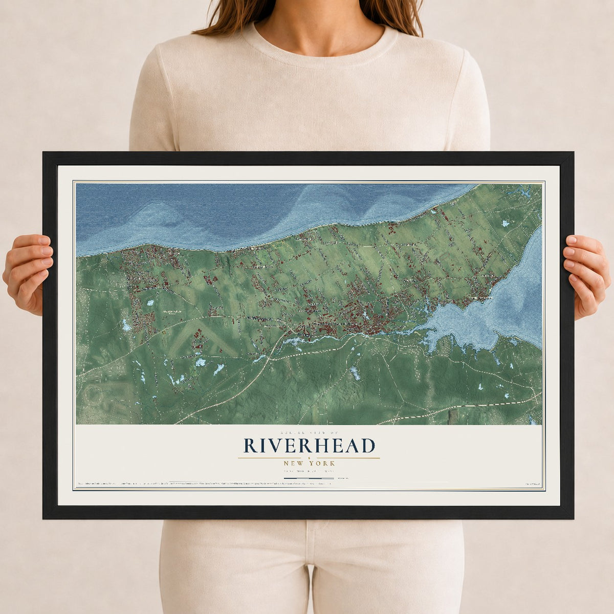 Riverhead, New York map print, 12" x 18" W/ Black Ayous Wood Frame mockup