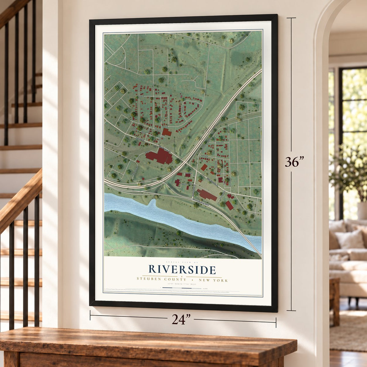 Riverside, New York map, 24 x 36 inch print in a black frame by a staircase