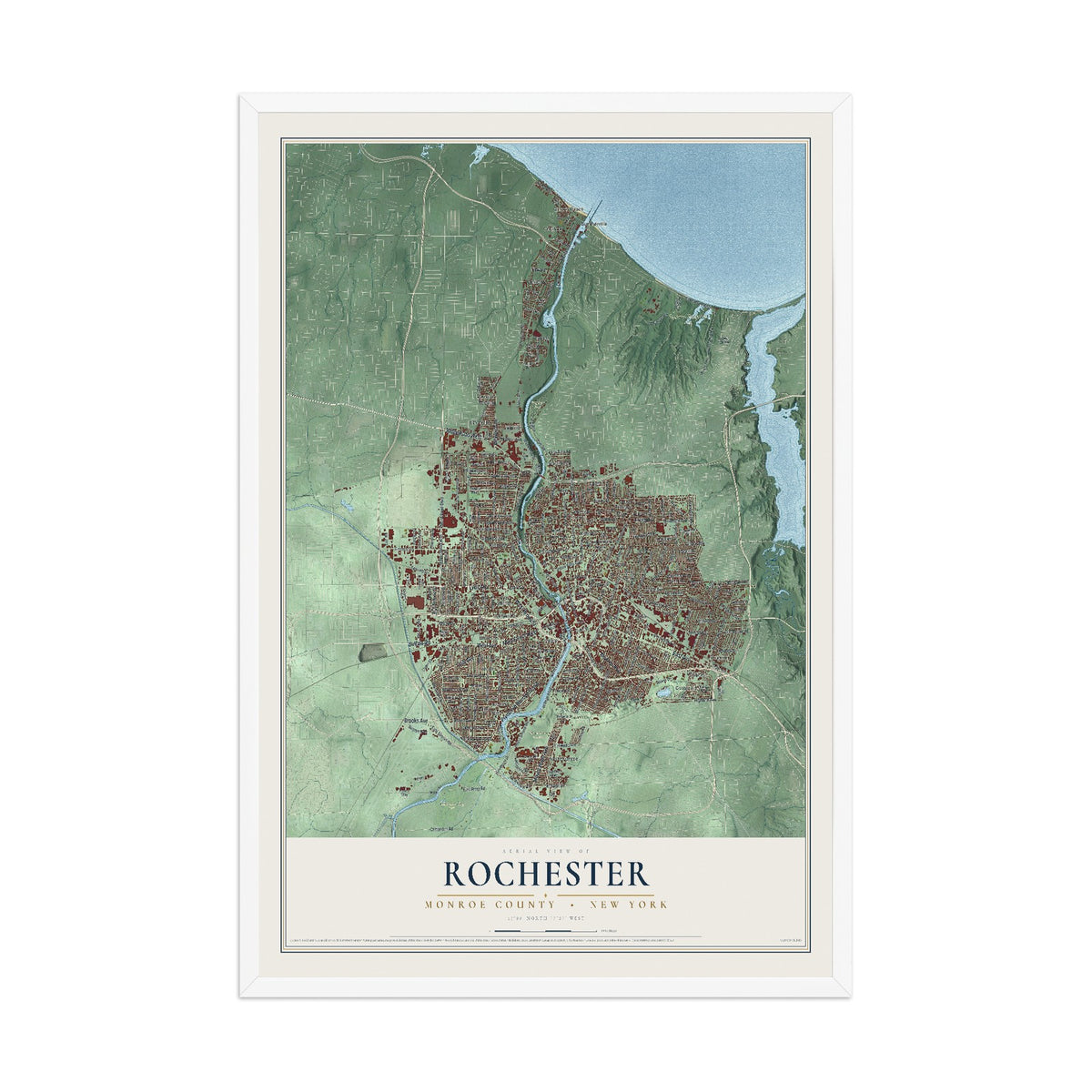 Rochester, New York map print, 12" x 18" W/ White Ayous Wood Frame mockup