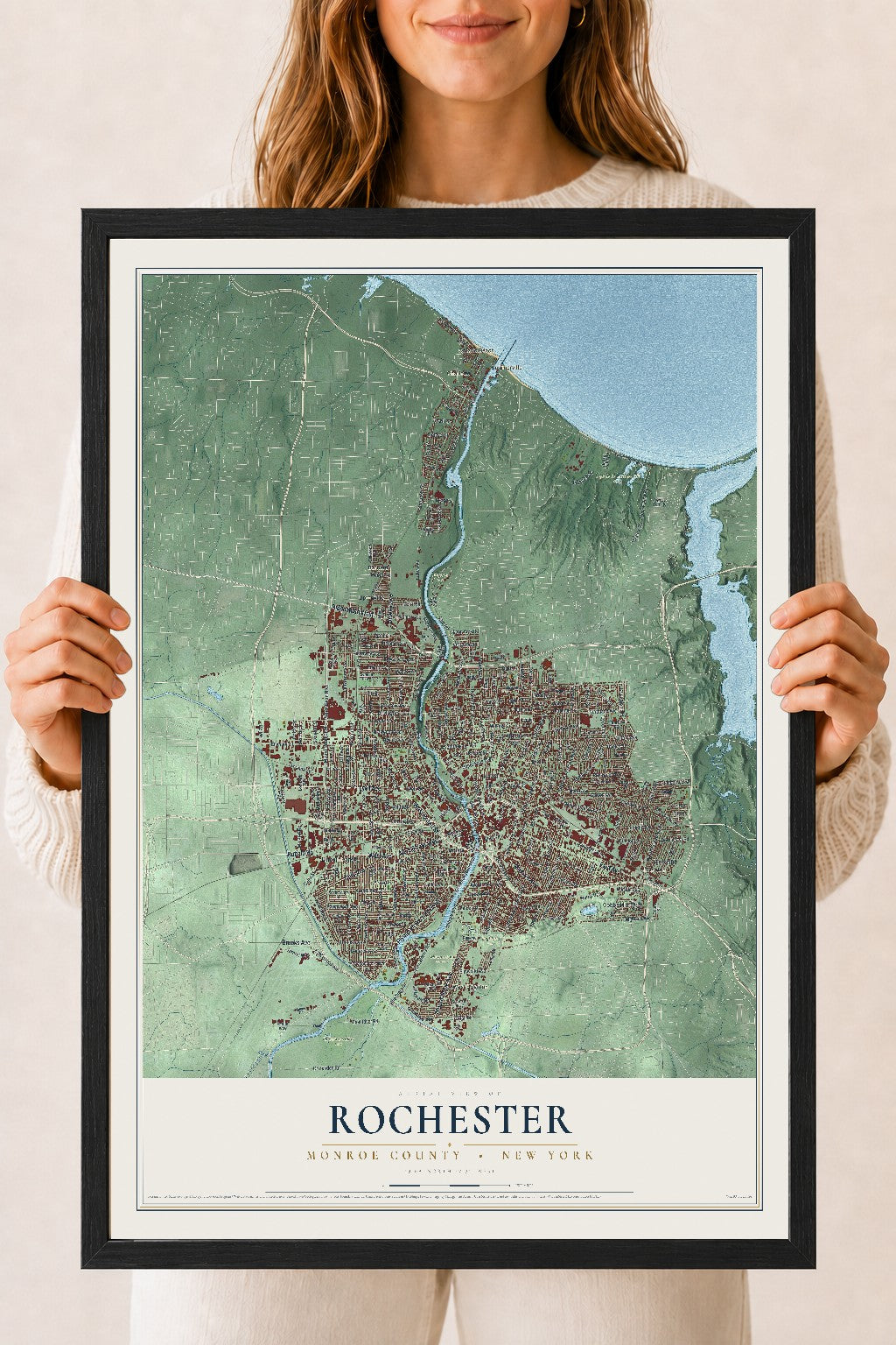 Rochester, New York map print, 18" x 24" W/ Black Ayous Wood Frame mockup
