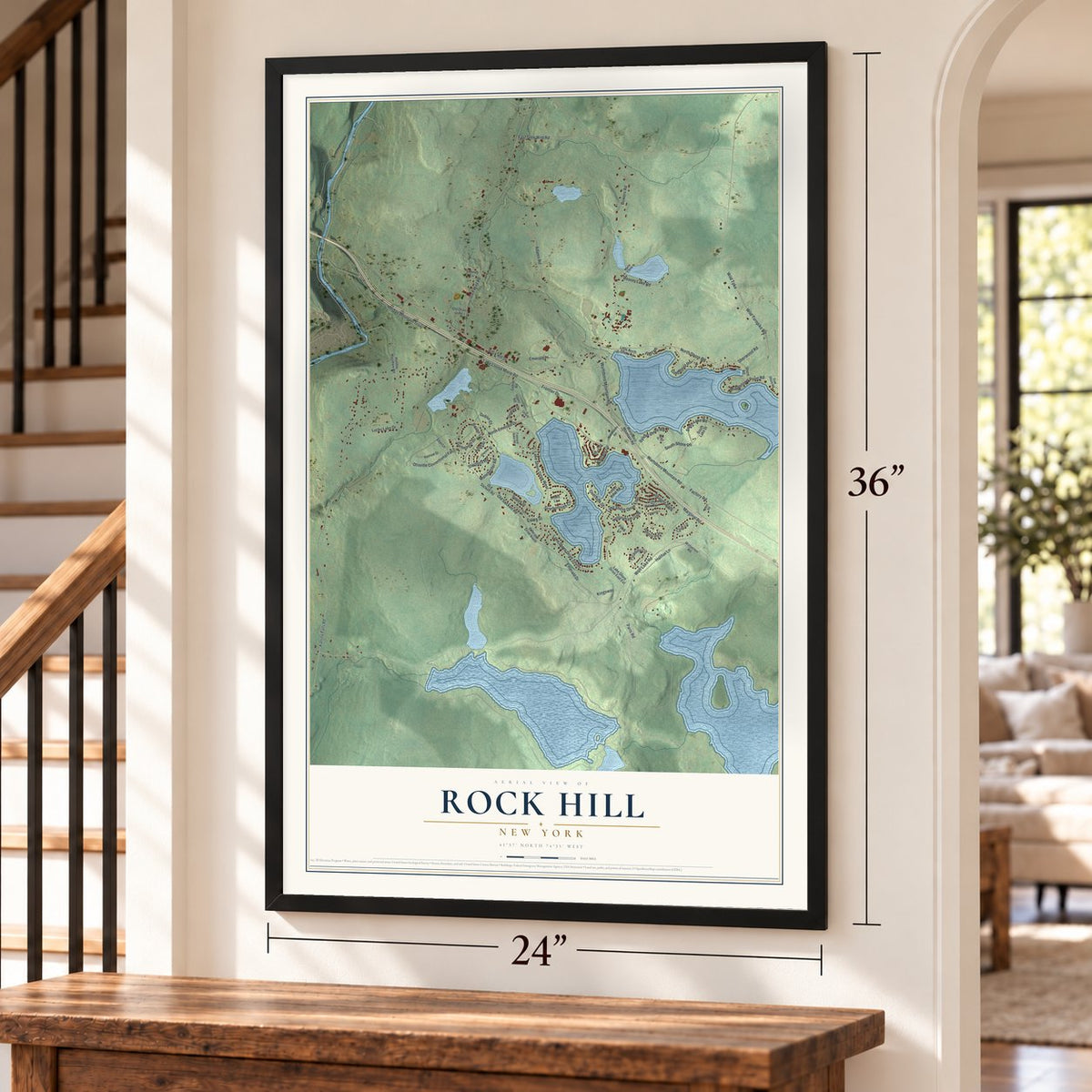 Rock Hill, New York map, 24 x 36 inch print in a black frame by a staircase