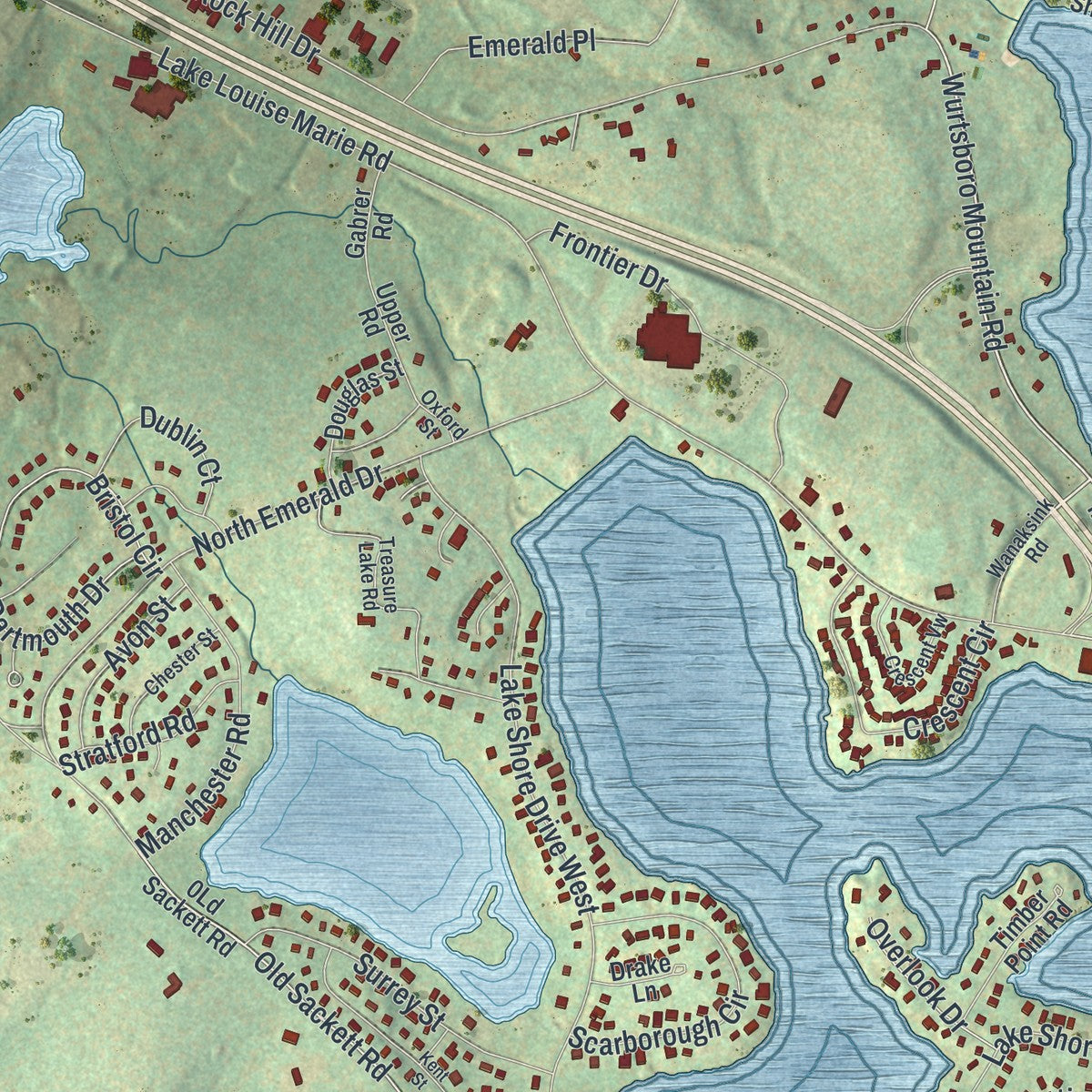 Close-up of the map of Rock Hill, New York print showing street and building detail