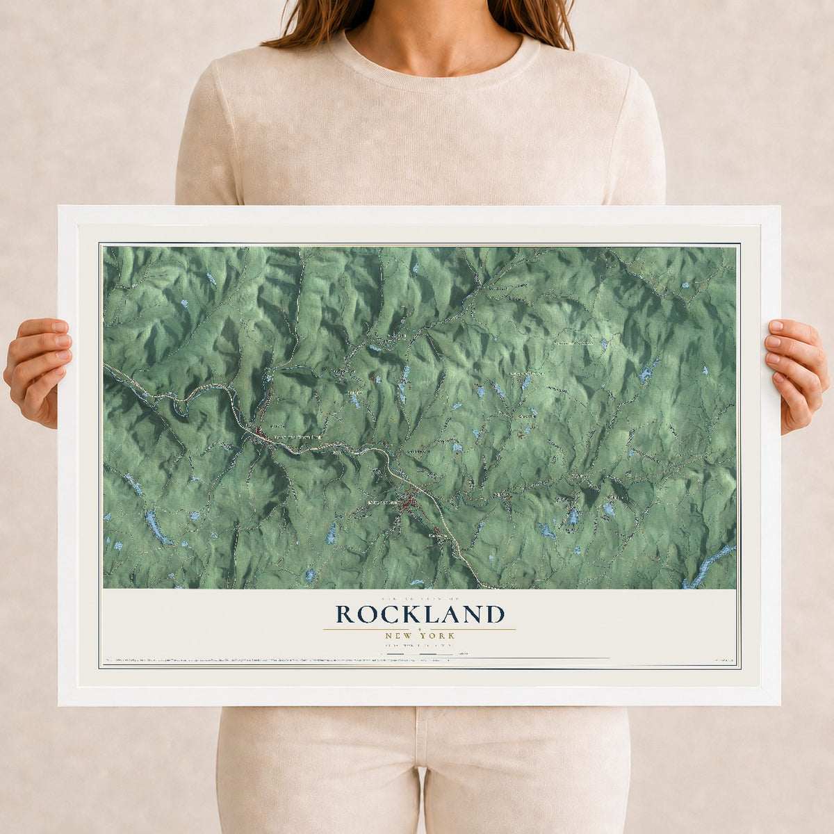 Rockland, New York map print, 12" x 18" W/ White Ayous Wood Frame mockup