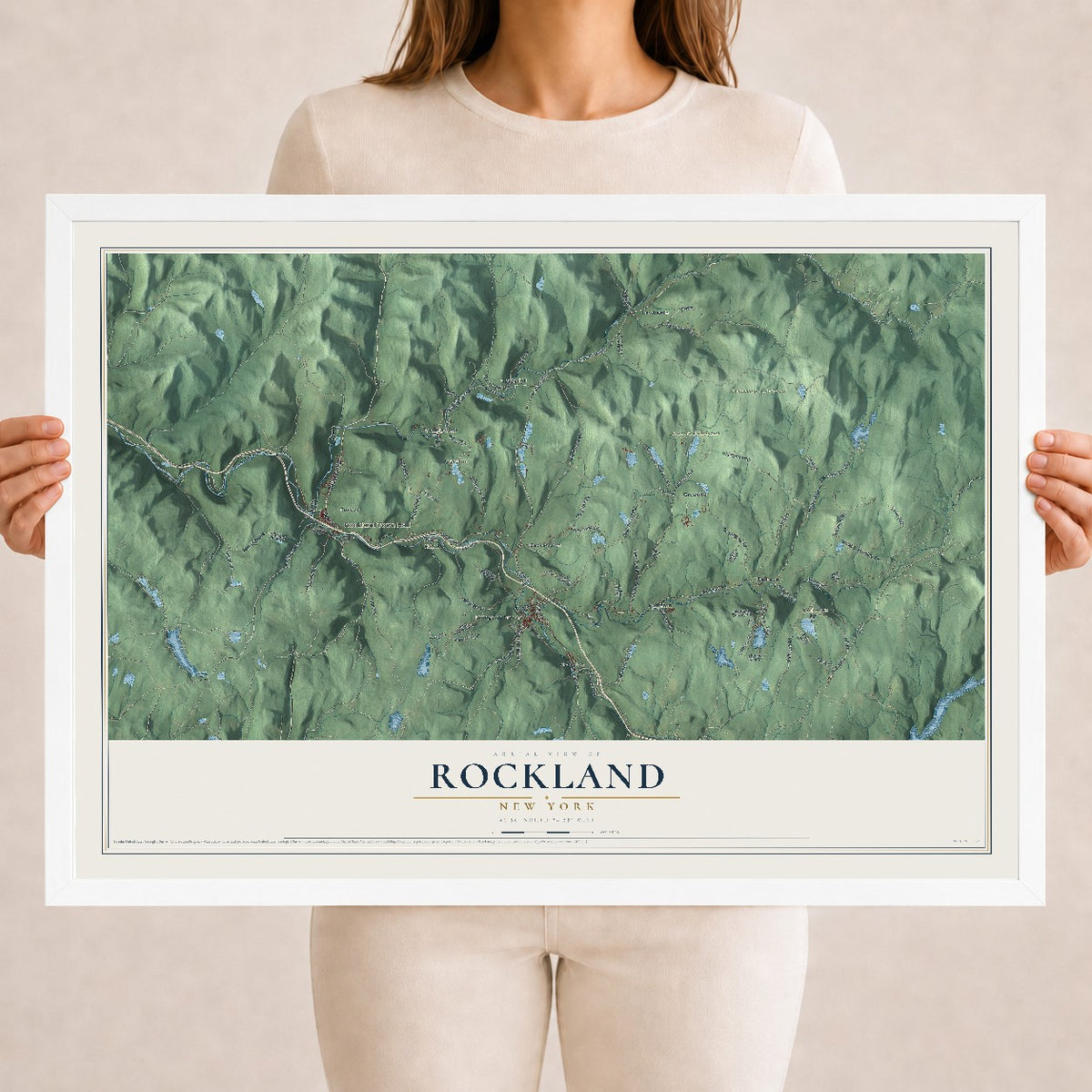 Rockland, New York map print, 18" x 24" W/ White Ayous Wood Frame mockup