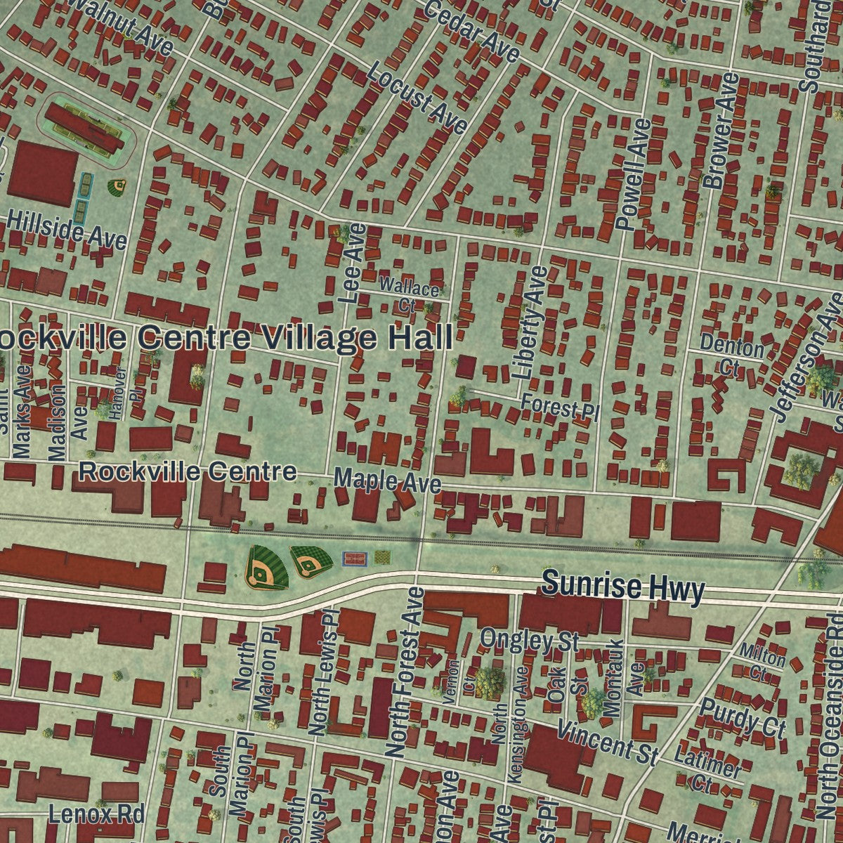 Close-up of the map of Rockville Centre, New York print showing street and building detail