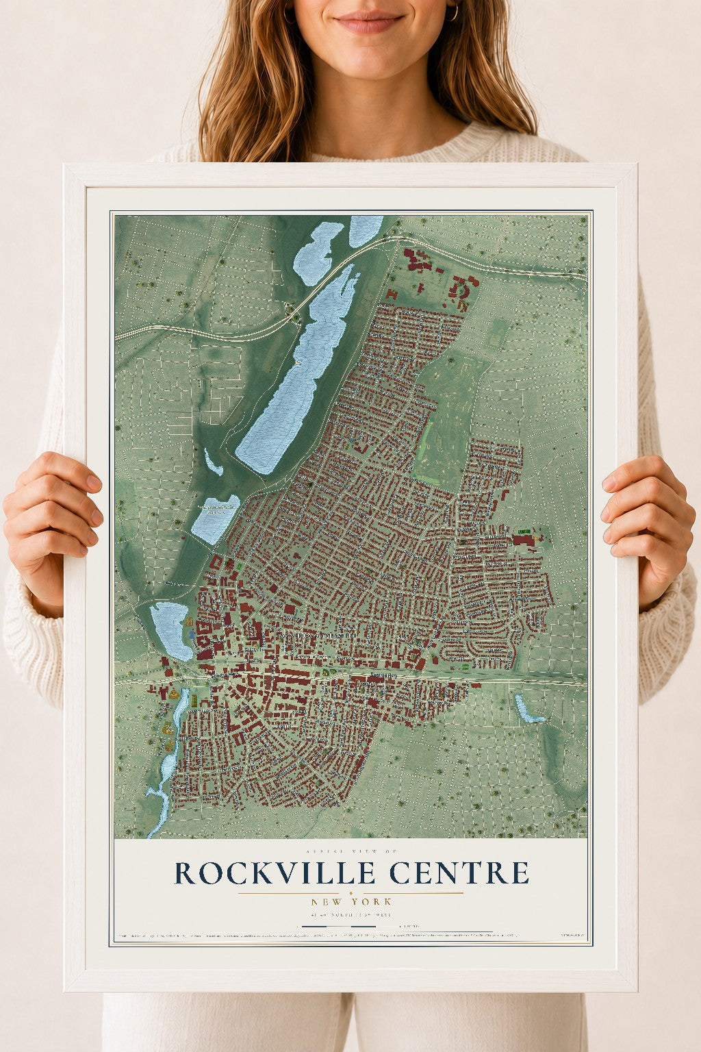 Map of Rockville Centre, New York, 18 x 24 inch print in a white wood frame