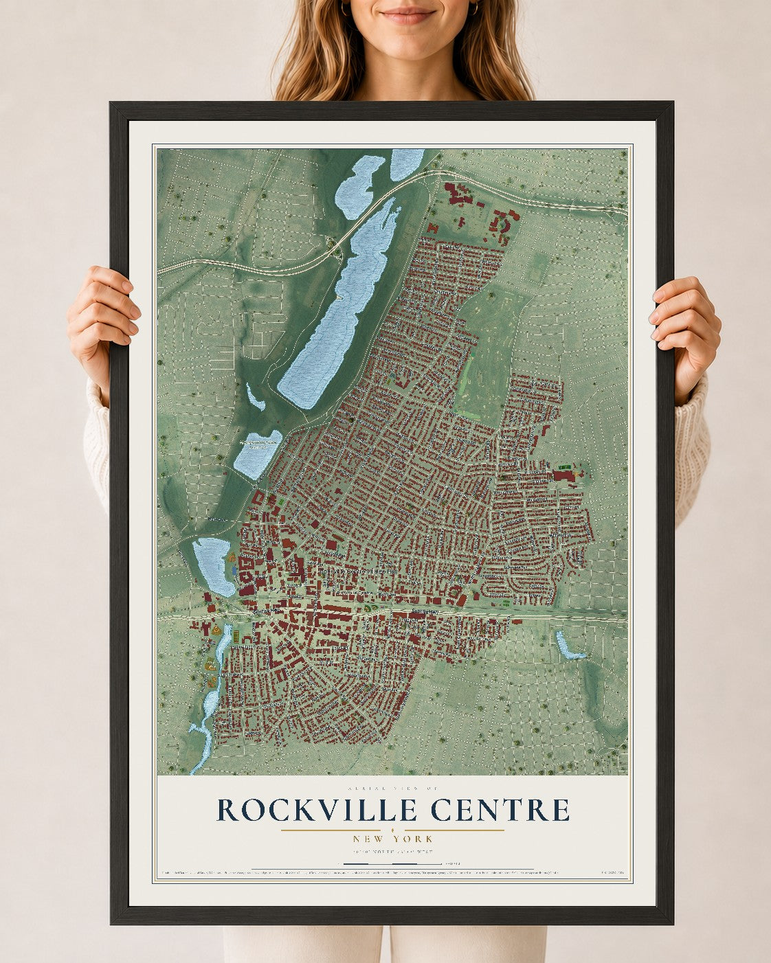 Map of Rockville Centre, New York, 24 x 36 inch print in a black wood frame