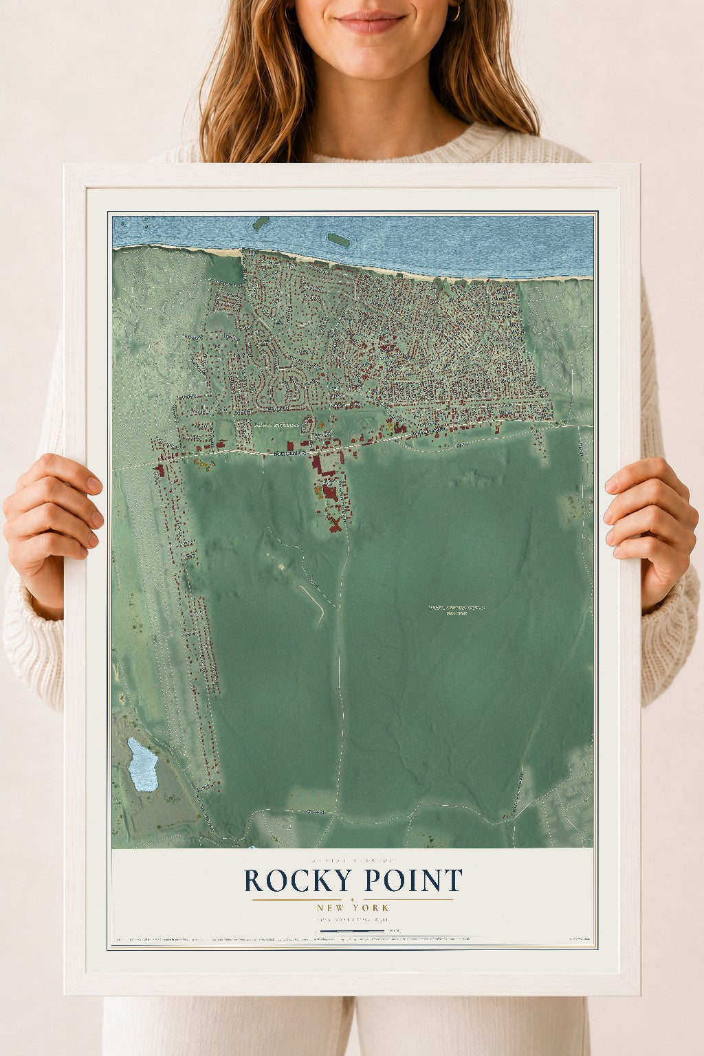 Rocky Point, New York map print, 18" x 24" W/ White Ayous Wood Frame mockup