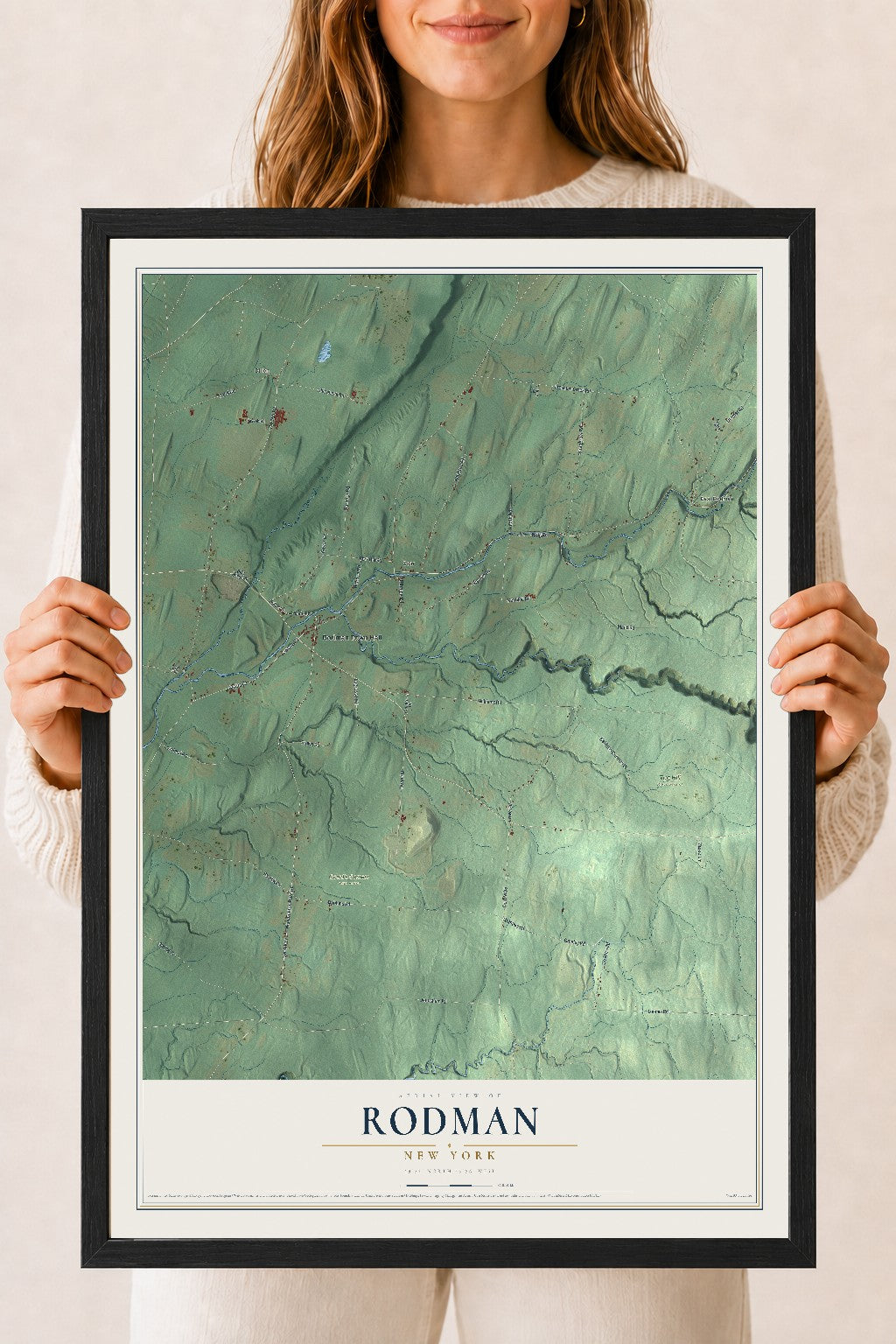 Rodman, New York map print, 18" x 24" W/ Black Ayous Wood Frame mockup