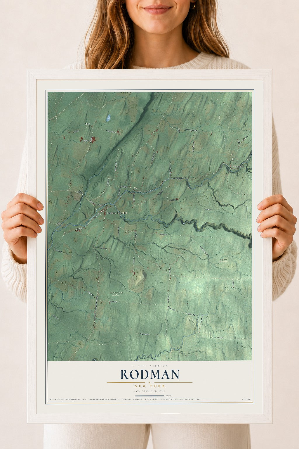 Rodman, New York map print, 18" x 24" W/ White Ayous Wood Frame mockup