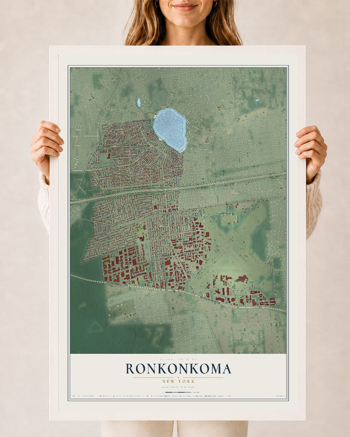 Ronkonkoma, New York map print, 24" x 36" W/ White Ayous Wood Frame mockup