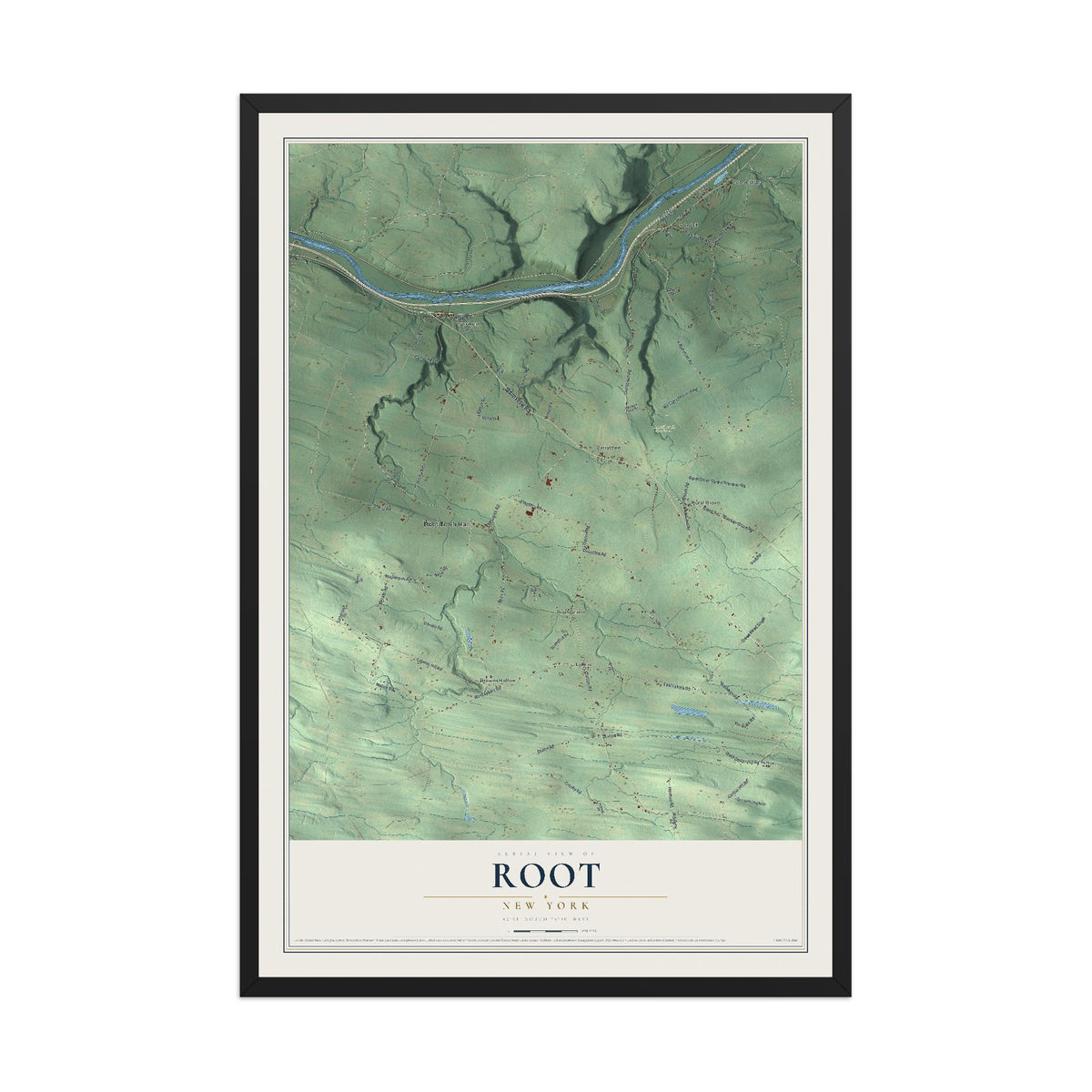 Root, New York map print, 12" x 18" W/ Black Ayous Wood Frame mockup