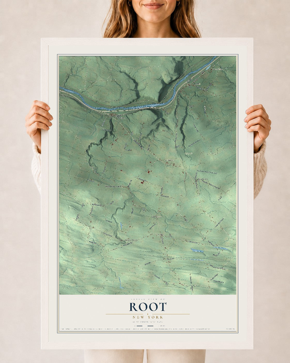Root, New York map print, 24" x 36" W/ White Ayous Wood Frame mockup
