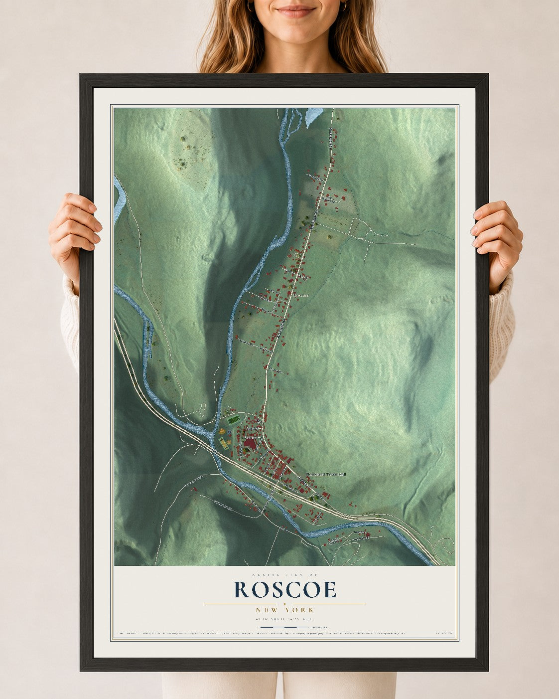 Roscoe, New York map print, 24" x 36" W/ Black Ayous Wood Frame mockup