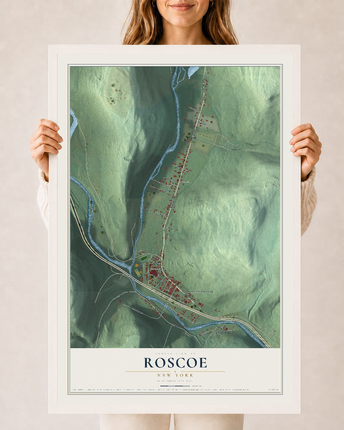 Roscoe, New York map print, 24" x 36" W/ White Ayous Wood Frame mockup
