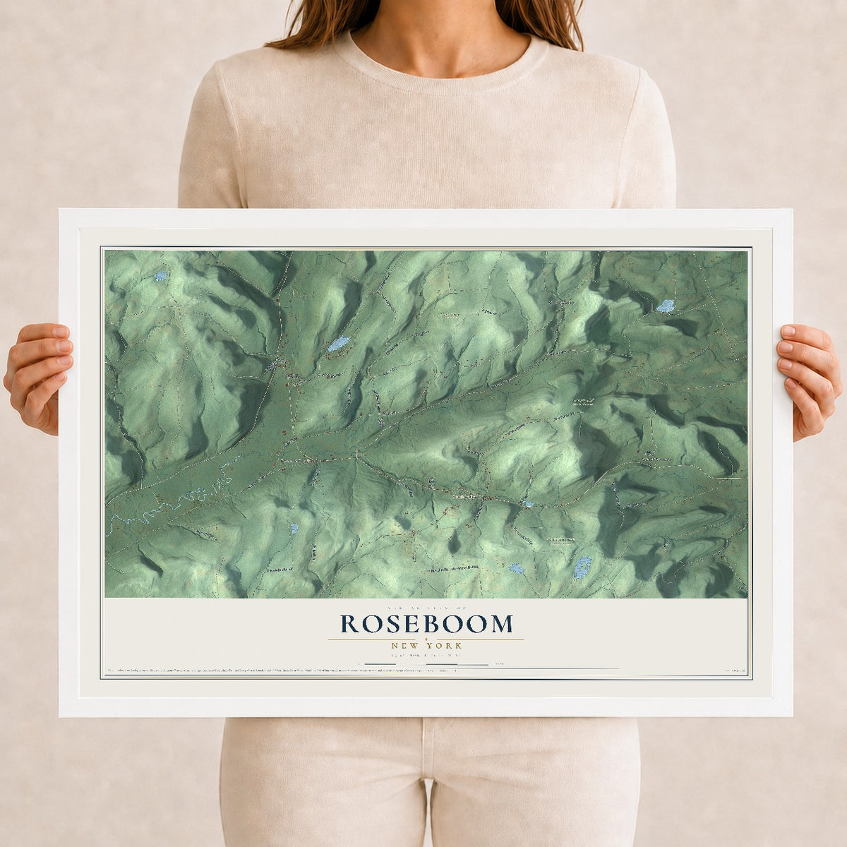 Roseboom, New York map print, 12" x 18" W/ White Ayous Wood Frame mockup