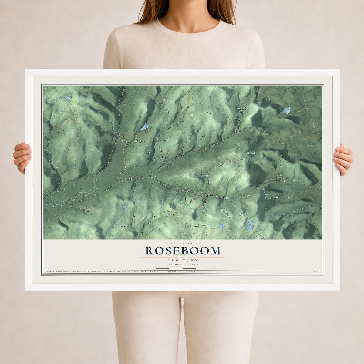 Roseboom, New York map print, 24" x 36" W/ White Ayous Wood Frame mockup