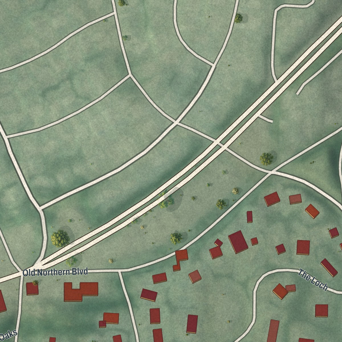 Close-up of the map of Roslyn Estates, New York print showing street and building detail