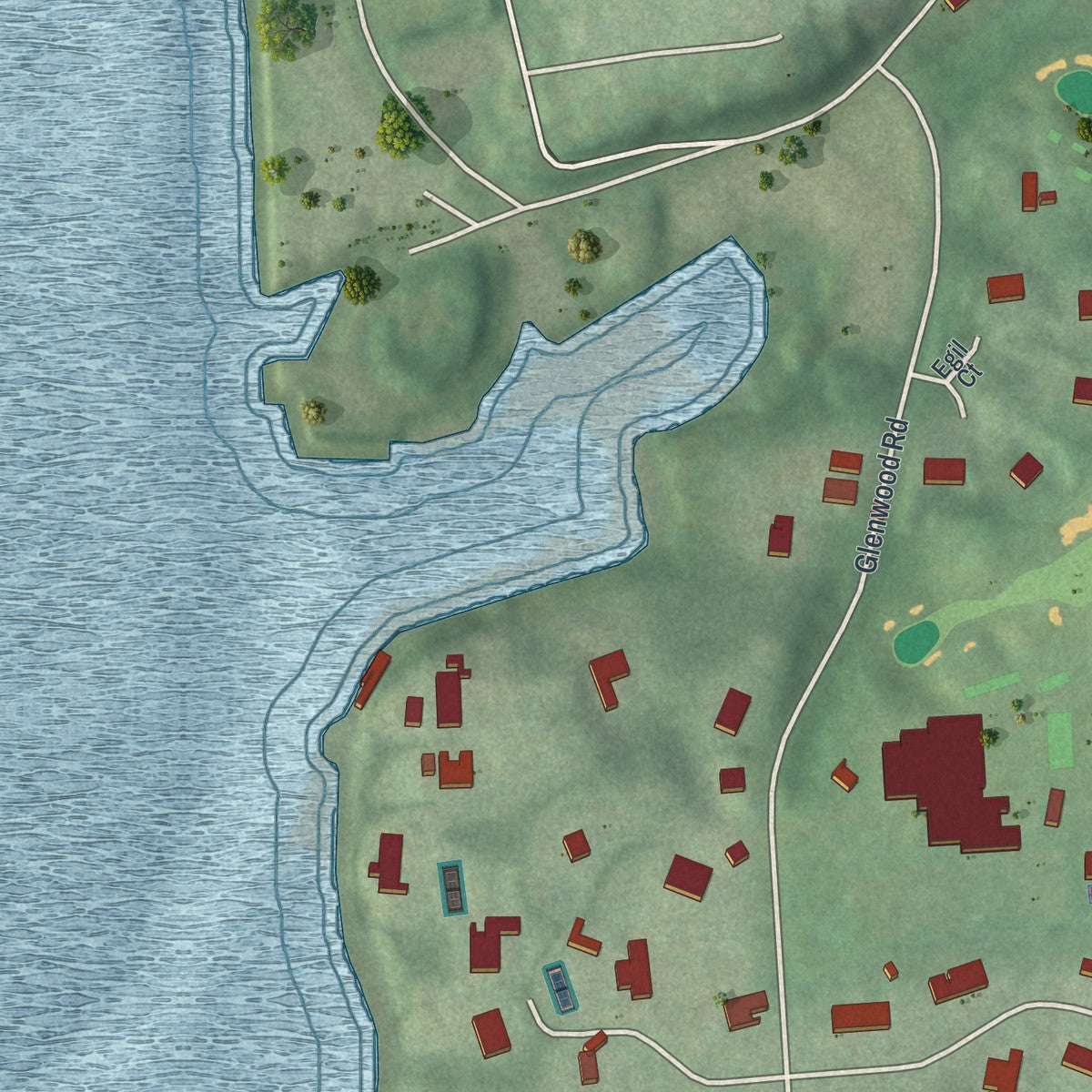 Close-up of the map of Roslyn Harbor, New York print showing street and building detail