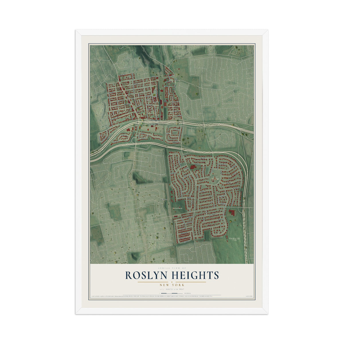 Roslyn Heights, New York map print, 12" x 18" W/ White Ayous Wood Frame mockup