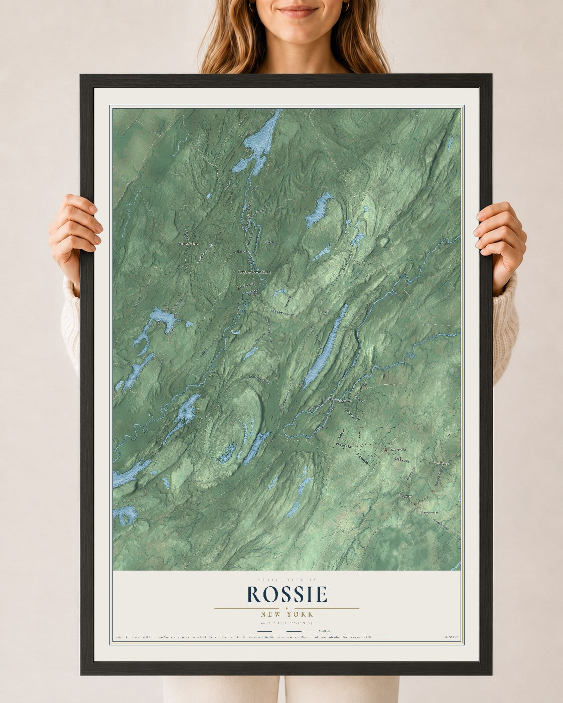 Rossie, New York map print, 24" x 36" W/ Black Ayous Wood Frame mockup