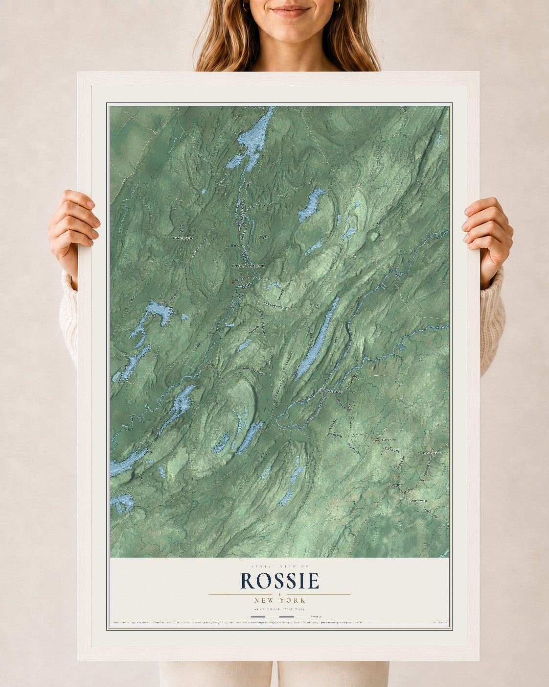 Rossie, New York map print, 24" x 36" W/ White Ayous Wood Frame mockup