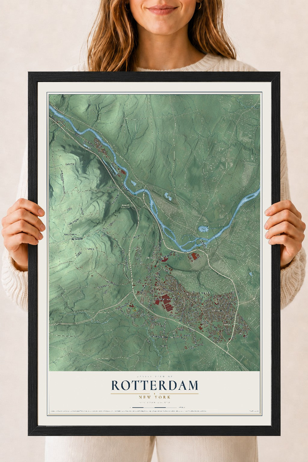 Rotterdam, New York map print, 18" x 24" W/ Black Ayous Wood Frame mockup