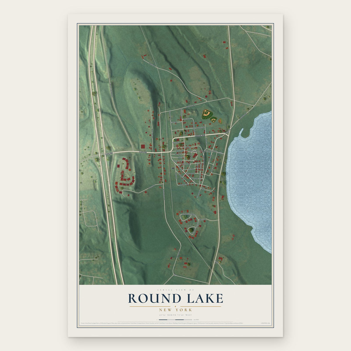 Round Lake, New York map print, the full design