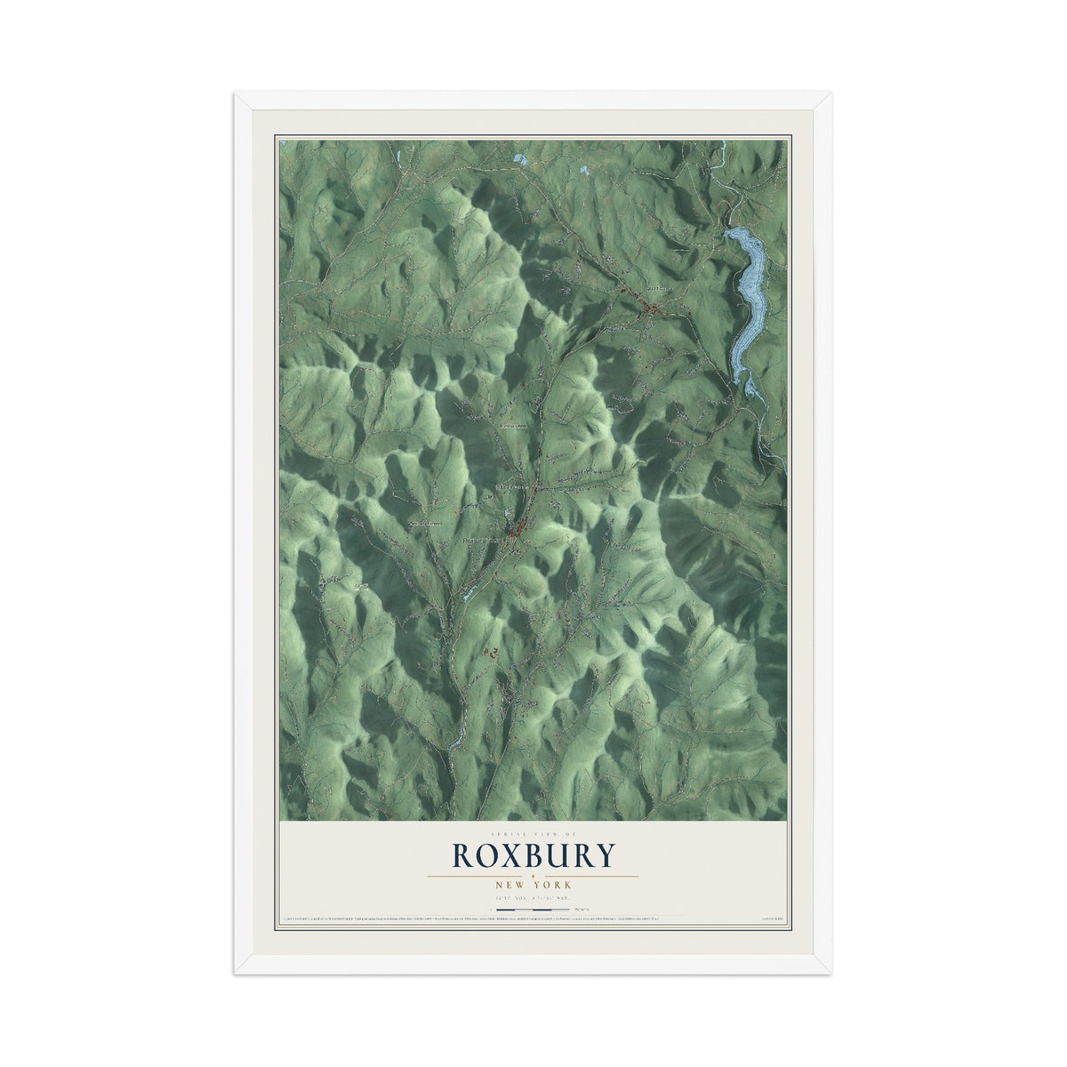 Roxbury, New York map print, 12" x 18" W/ White Ayous Wood Frame mockup