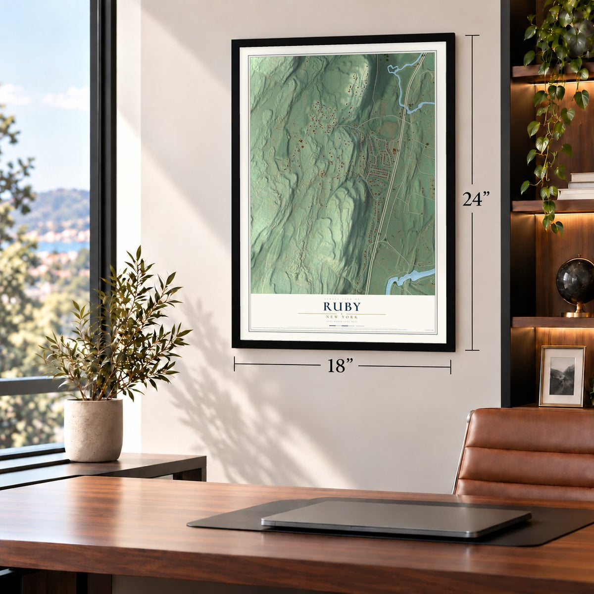 Ruby, New York map, 18 x 24 inch print in a black frame in a home office