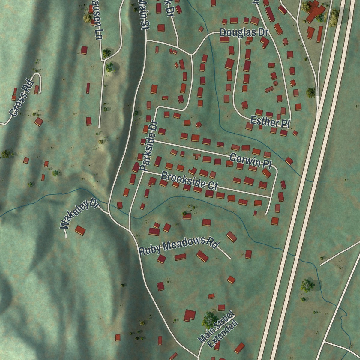Close-up of the map of Ruby, New York print showing street and building detail