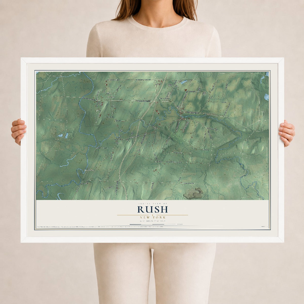 Rush, New York map print, 24" x 36" W/ White Ayous Wood Frame mockup