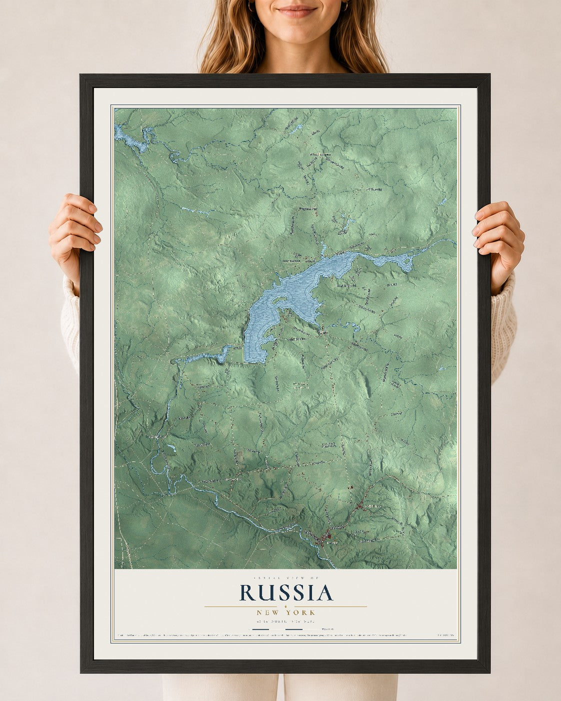 Russia, New York map print, 24" x 36" W/ Black Ayous Wood Frame mockup